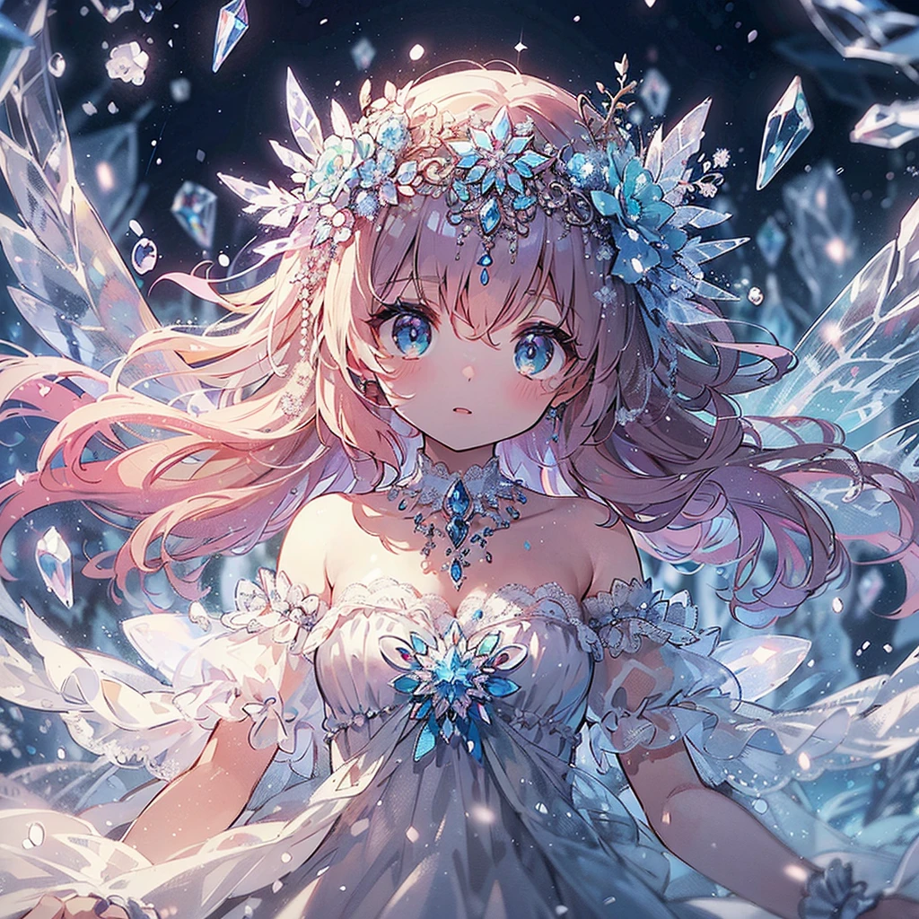 (Exquisite, beautiful, Very detailed, masterpiece, high quality, High resolution),(Soft and thin lines: 1.2, Beautiful and delicate face, Pixiv-inspired anime illustration,Illustration style printed on nijijourney, A cute illustration style of a beautiful girl in pastel colors that is going viral among Japanese people on Twitter),Shot from a distance so that the whole body is visible, (In the dark, freezing cold scenery, an ice fairy princess with diamond fairy wings growing from her back is floating in the air, her hands wrapped in white cold air and ice magic, and she is using beautiful ice magic.),Frozen surface, flowers, and trees,Ice crystals, (Ice tiara, earrings, necklace, and Mond bracelet,Diamond Rings,), ((A gorgeous ball gown dress with lots of frills inspired by ice and snow.:1.1, Balloon sleeves, Diamonds and ribbons and lace and frills, Beautiful diamond fairy wings from the back:1.5)), (Cold-hearted,A cool look,Pale pink, plump lips,Fair skin, Transparent eyes,Large Bust,Good style),snow,Ice crystals