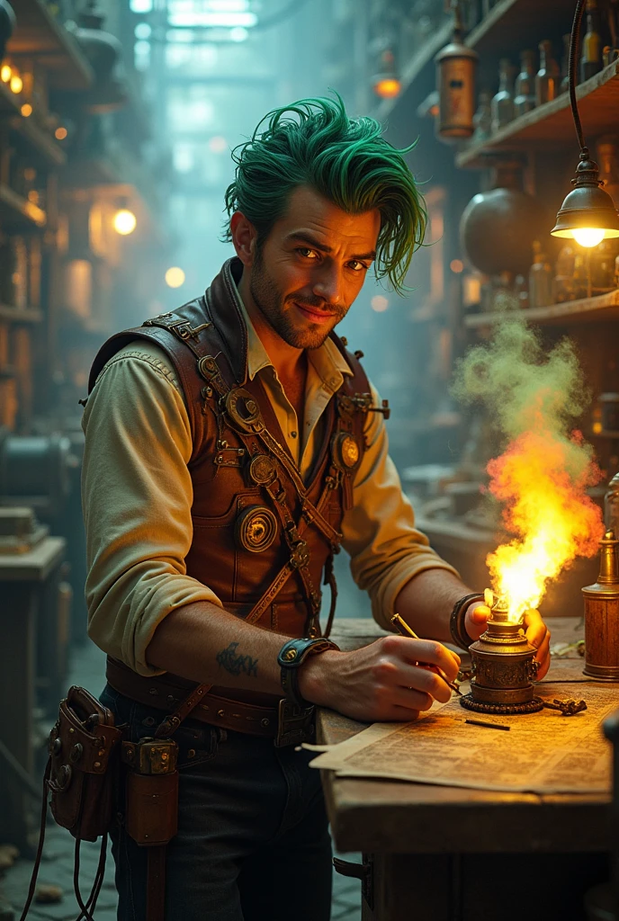 rpg character, artificer, green-eyed, naughty man