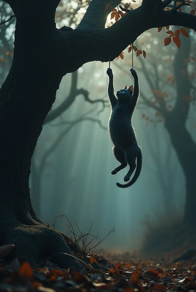A cat has hanged itself from a tree branch