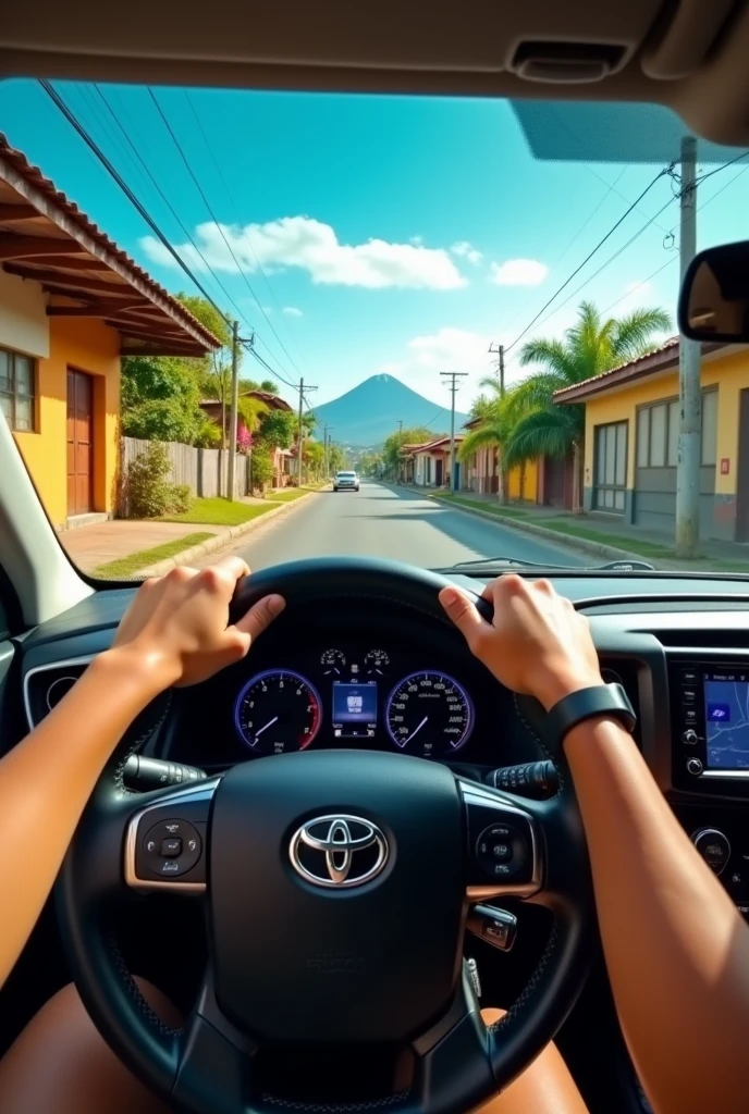 I need you to make a first-person photo-type image where I am driving a Hilux on the streets of Cartago, Costa Rica that is a little more realistic and that is a photo-type image, that is, in the first person.