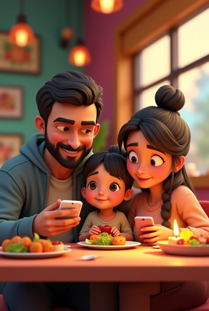 Generate an image that contains a family: one  men (Baba) Using the cellphone, a one woman (Mother) Using the cellphone e uma criança pequena () Using the cellphone, sitting at a restaurant table. I need everyone to have their cell phone in their hand. They are not interacting with each other.
Cute style, 3D animation 