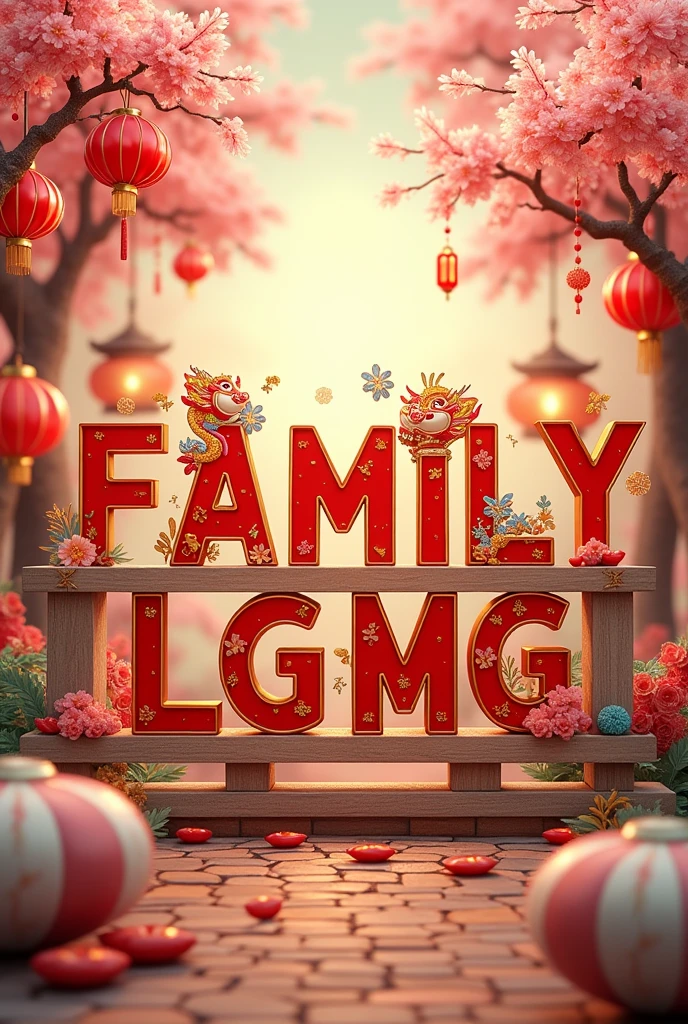 word "FAMILY LGMG" with animated letters and illustrations of Chinese culture for family day