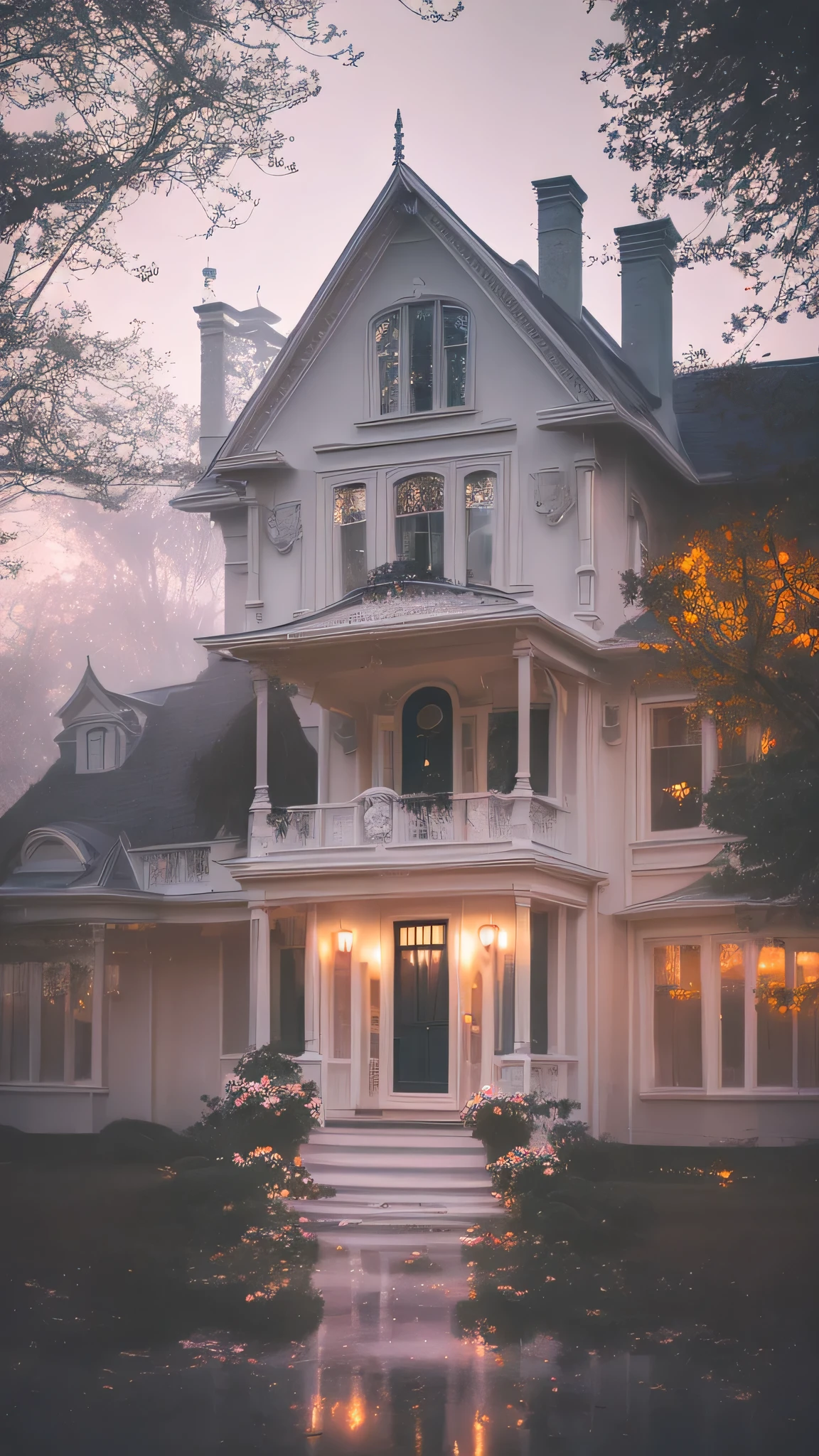 a white dreamy house, retro, foggy, soft focus, year of 1995, cool lighting, muted pastel colors, glowing atmosphere, dramatic shadows, cinematic composition, dream-like quality, ethereal, romantic, soft focus photography, dark blue hour, midnight, windy, white marble