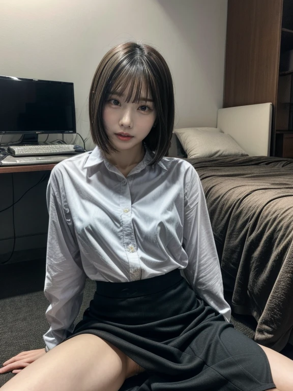 (In 8K,Highest quality,masterpiece),(Realistic,RAW Photos,Super Fine Clear),Realistic Light,Detailed skin,Beautiful Japanese Woman,((30-year-old woman,))、Businesswoman、Office Fashion,(Long skirt)、Panty shot,White sexy panties、kneeling to spread legs,Thin legs、fine grain,Detailed fingers、thin、Sexual,Ecstasy expression,In a stylish bedroom、A place without people,Ecstasy,Asian Eyes Era