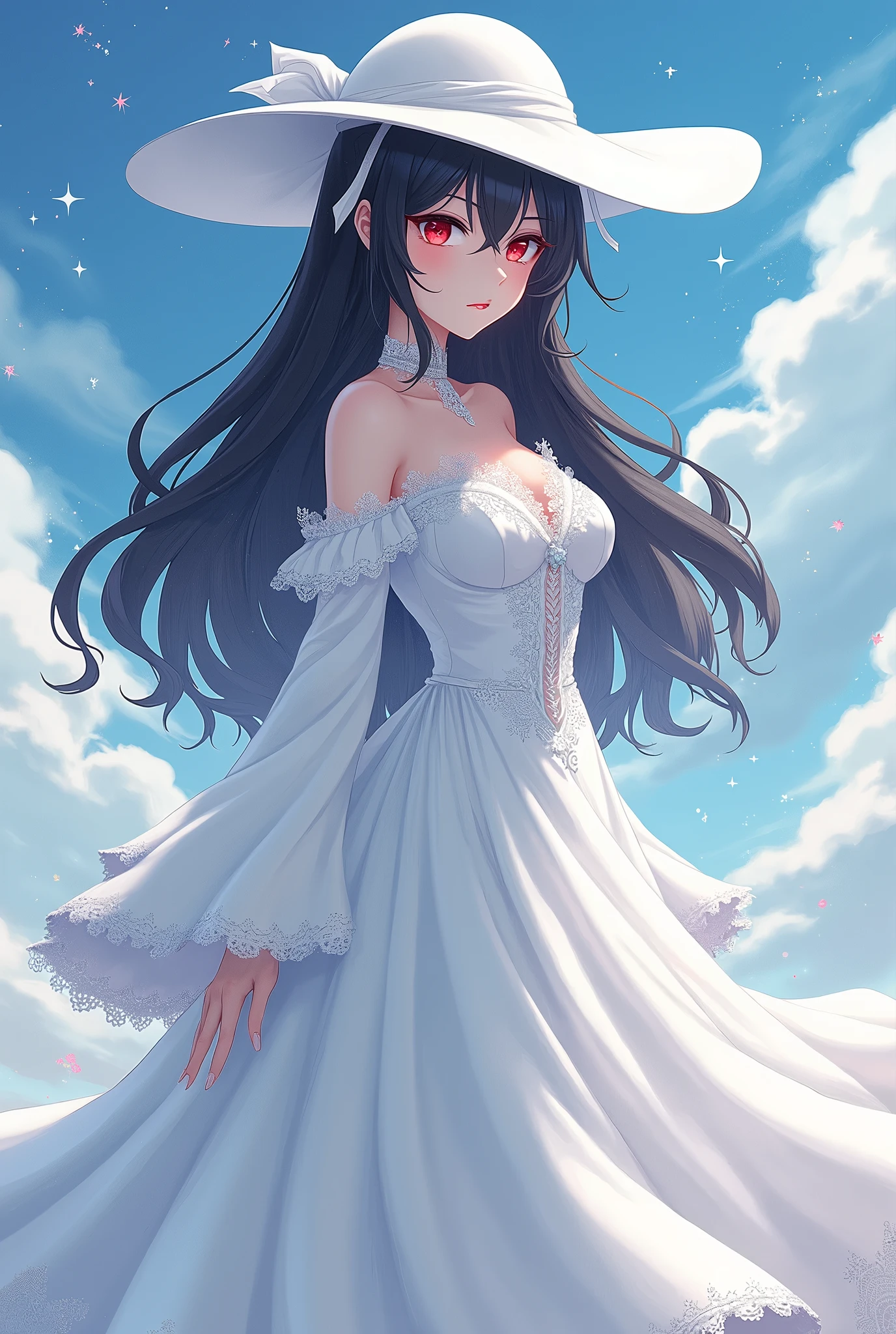 White woman, Black hair, Big White hat, Red eyes, Thick body, Huge breasts, Big boobs, Big ass, Tall, White dress, Anime style, Ghost aura, Giant breasts, big boobs, Giant breasts milf