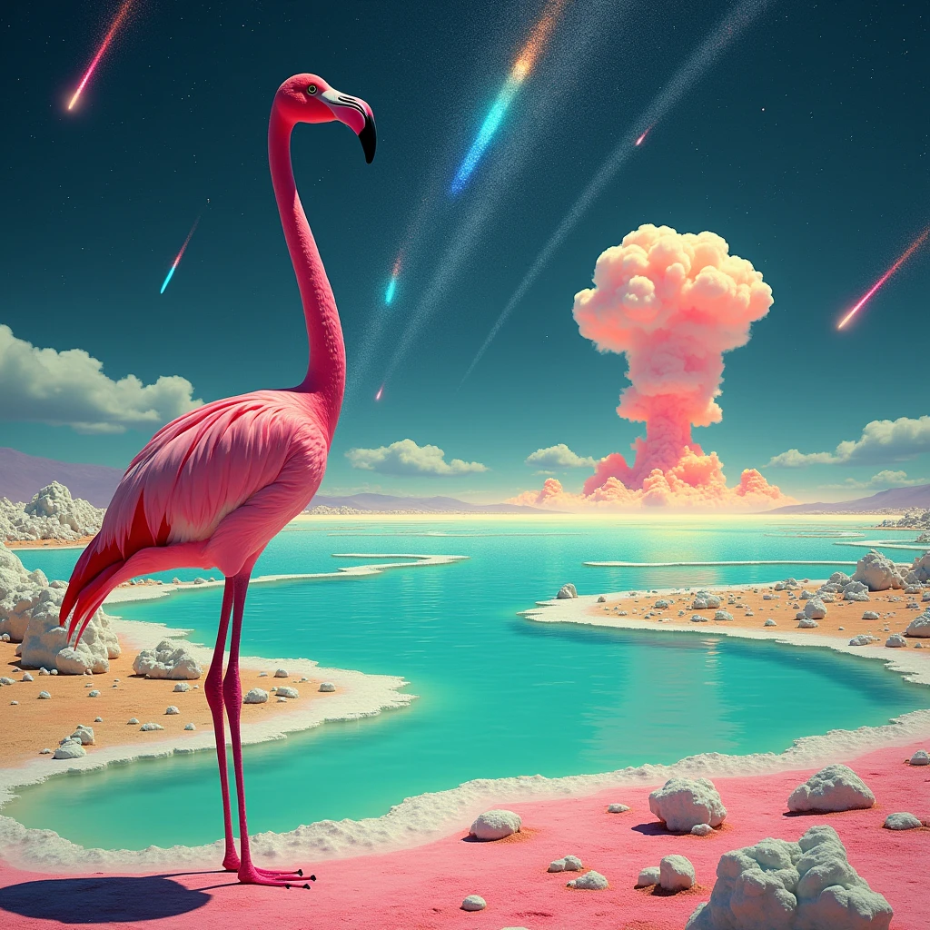 Un Flamant Rose Droit Fier et Stoïque dans un Lac D'Acide Bleu Vert Jaune un Lac Cristaux de Sel Reflet, Éclats Lumineux, Sous Une Pluie de Météorites, Multiples Météorites Filantes. Une Èxplosion Nucléaire en Arrière Plan Fumée Calme . Atmosphère.
