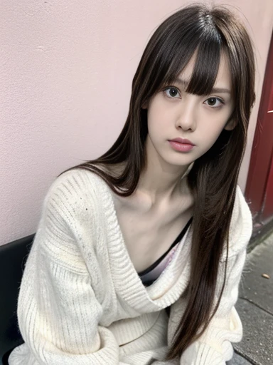 raw photo, 8k, (top-quality), Realistic, (real picture, Intricate details), (natural skin texture, detailed skin, hyper realism, sharpness), Japanese teenage girl sitting in a dirty back alley at night, graffitied wall:1.3, ((overlap sweater, munechira, small chest:1.3)), (pale skin:1.2, slender body), ((long straight hair, blunt bangs)), (seductive face, provocative look, Parted lips:1.3, eye bag:1.2, red thick lips), graffiti:1.5, night time, upper body shot, high angel shot, from abovd