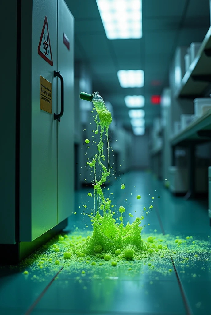 I want an animated image of that same vial falling out of the safety cabinet and spilling onto the floor of the Level 4 lab.