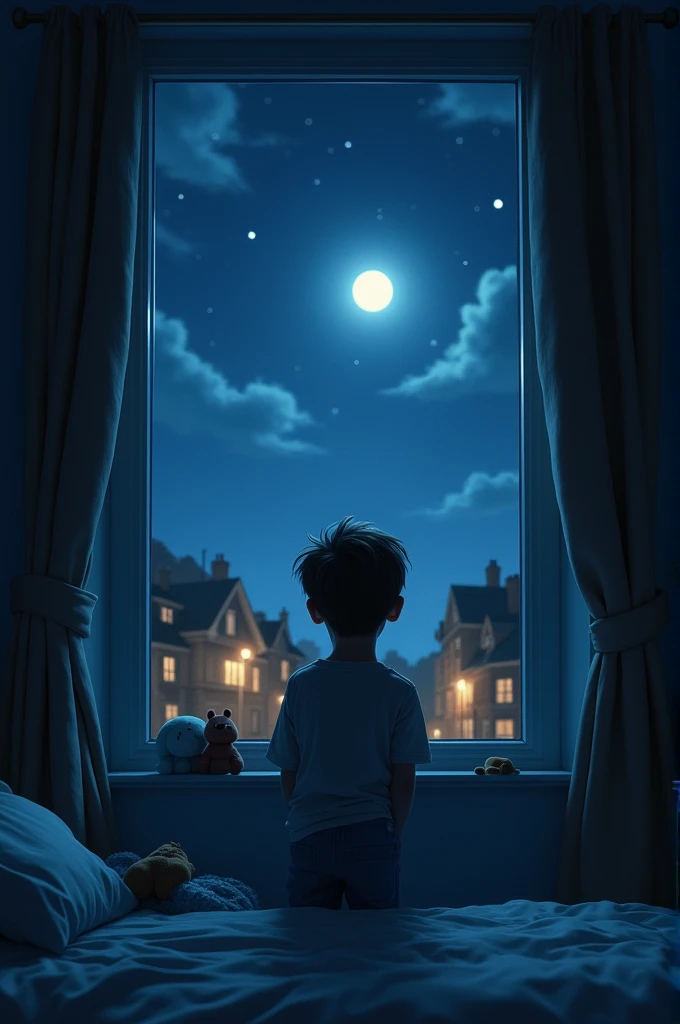 Create an image of the following scene:One night, while Thomas looks out the window, sees a bright star that seems to shine brighter than the others. With eyes full of hope, think: "Maybe that&#39;s my mom, watching over me from heaven". Since then, every night before bed, Thomas speaks to the star, telling her how his day was and how much he misses her