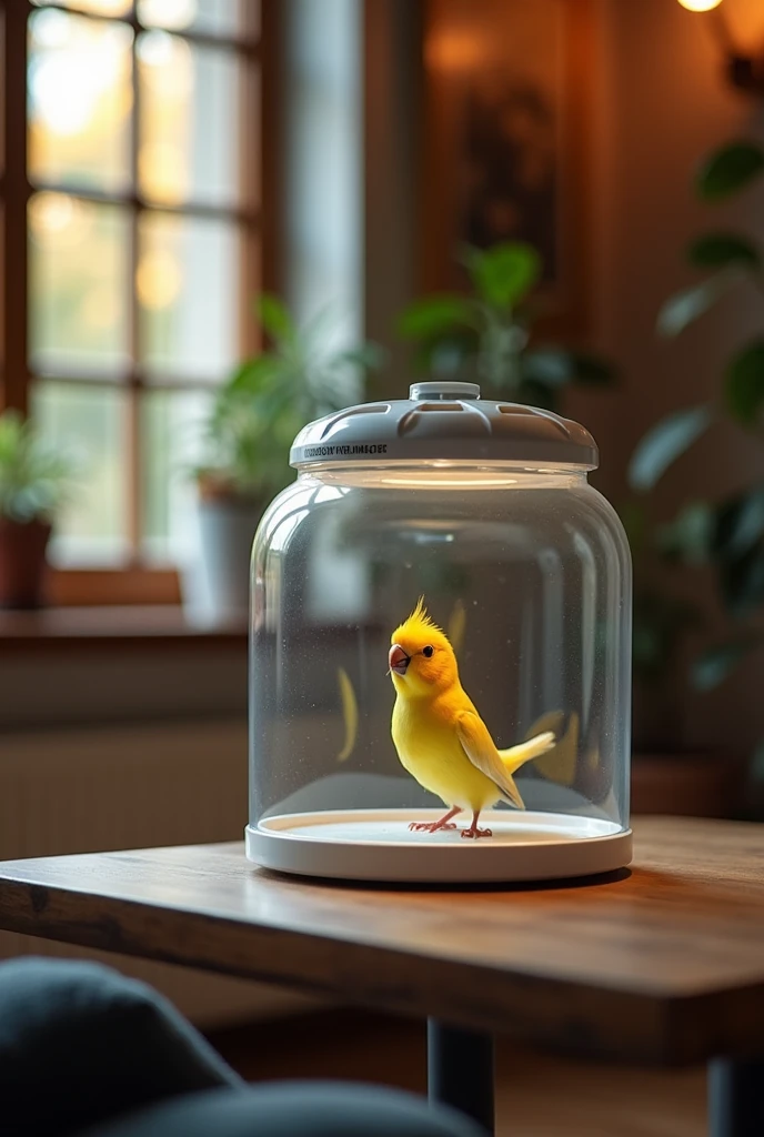 There is a bird inside a plastic and glass chamber where it receives a complete scan of its vital signs and medical status and states that are determined by a veterinarian but using the camera., temperature states, Blood pressure and heart rate will be displayed on the camera, and the other medical results will be passed to a monitoring application., The camera is located in a house and is a cheap camera and its owner can observe the process