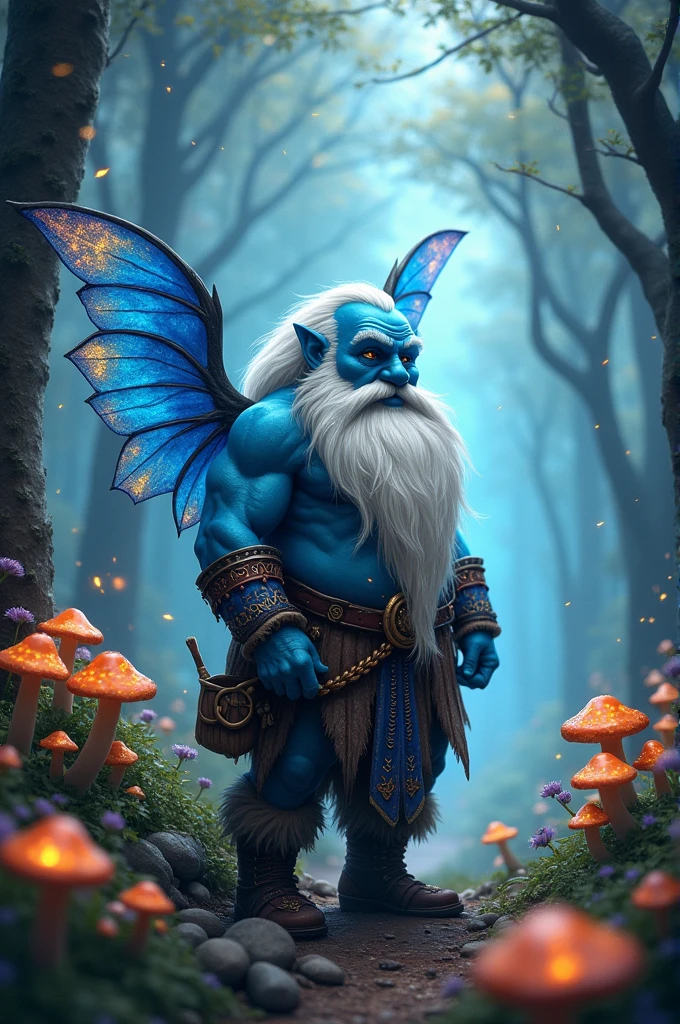 Make a dwarf with blue skin tone, small wings on the back and white beard, RPG style