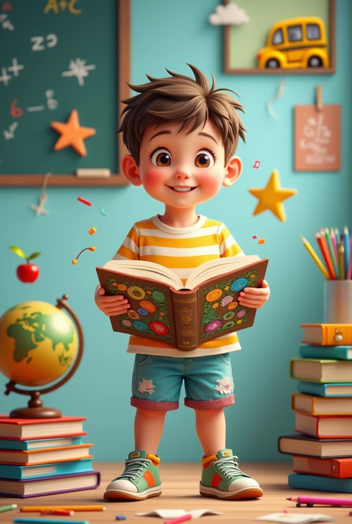 Create a colorful, child-friendly PNG image featuring:
A happy and curious boy, around 7-9 , holding an open book.
The boy should be wearing simple, colorful clothes (such as a t-shirt and pants or shorts).
The book should have a vibrant, decorated cover with magical or fantasy elements, and some pages visible with lively illustrations.
Surrounding the boy, add visual representations related to education and school, such as:
Books and notebooks
Pencils, crayons, and markers
A globe or map
Math symbols (like plus, minus, and multiplication signs)
Alphabet letters and numbers
School-related icons (like a chalkboard or school bus)
The background can be a simple scene, such as a child’s bm or an outdoor setting, decorated with elements that complement the theme of learning (like educational posters or playful school supplies).