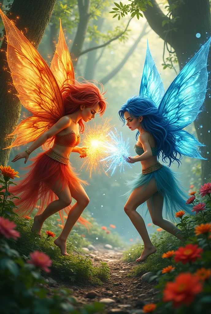 Two angry fairies fighting with powers in hand