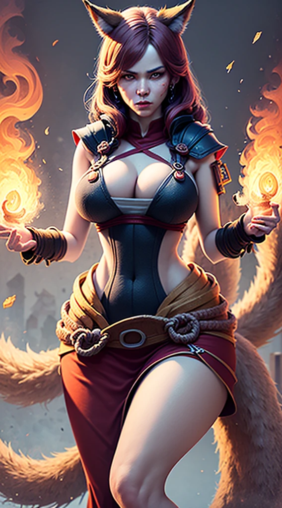 Ray tracing,{Best quality}, {{Masterpiece}}, {A high resolution}, Original, Extremely detailed 8k wallpaper, {An extremely delicate and beautiful}, realistic hand, one girl, good body proportions, (((cowboy shot))), blush, Extremely detailed face, Extremely detailed body, Extremely detailed hands, Extremely detailed eyes, beatiful eyes, glowing eyes ((amber eyes)), extremely detailed background, high quality background,Ahri League of Legends,(((kitsune girl,fox girl,fox tails,nine tails,multiple_tails,multiple tails))),(large breasts:1.9),(((20yo girl))),fighting pose, fire magic, fire tails, tails on fire, full of demonic aura, angry facial expression, volcano background, on fire background, (((bright colors))), red fire, (((the background is full of magical particles and realistic fire))). lens flare, glowing light, reflection light, motion blur