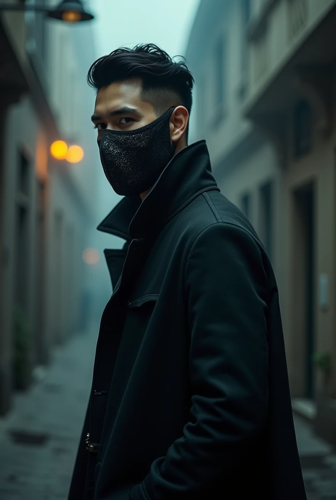 Tall man with black hair, tom de pele branca, Wear a mask