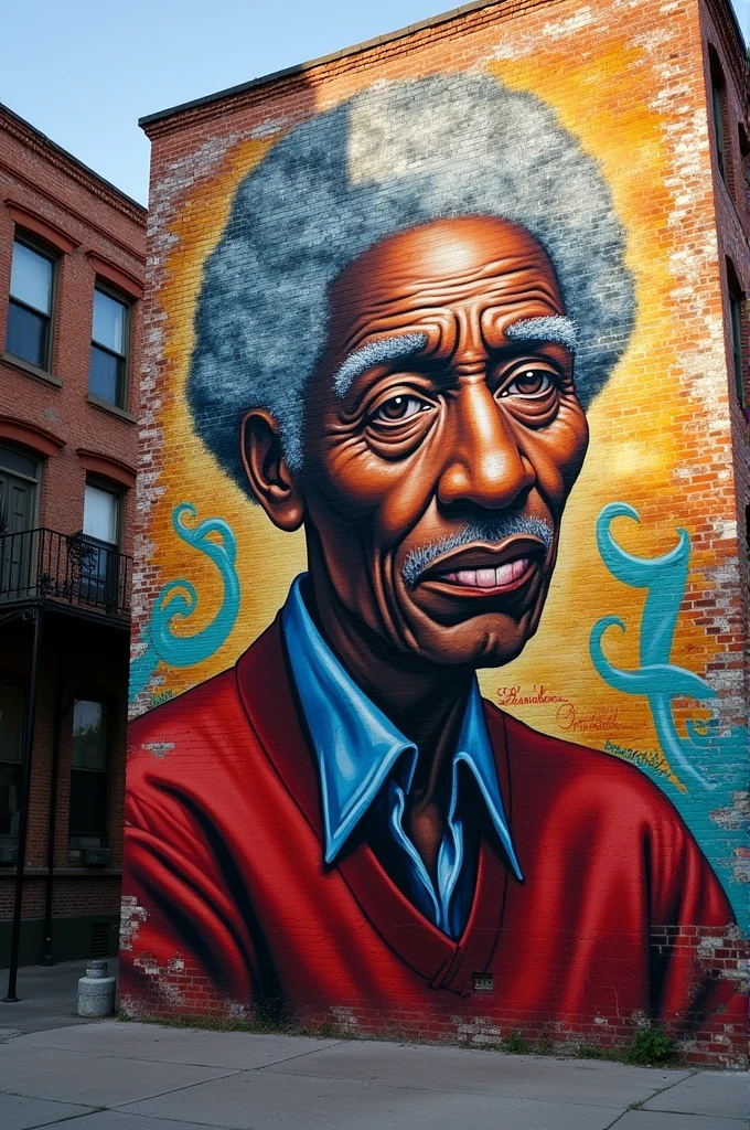 Drawing of an elderly black man painted on an art wall
