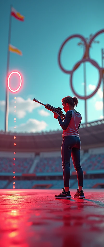 Shooting with a laser gun aiming at a circle, paris olympic games background, in large the hoops