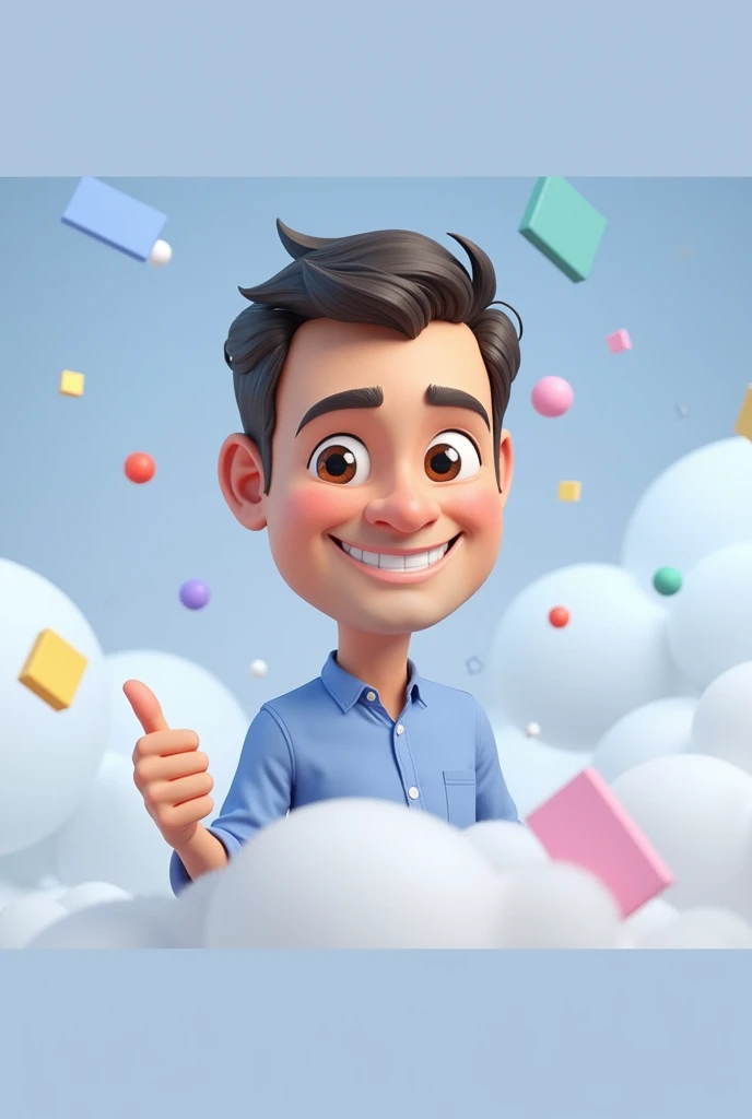 Cartoon character of a man in a blue shirt 40 years old, an animated character, stylized character, animation style rendering, 3d stylized, smiling and making a nice hand sign