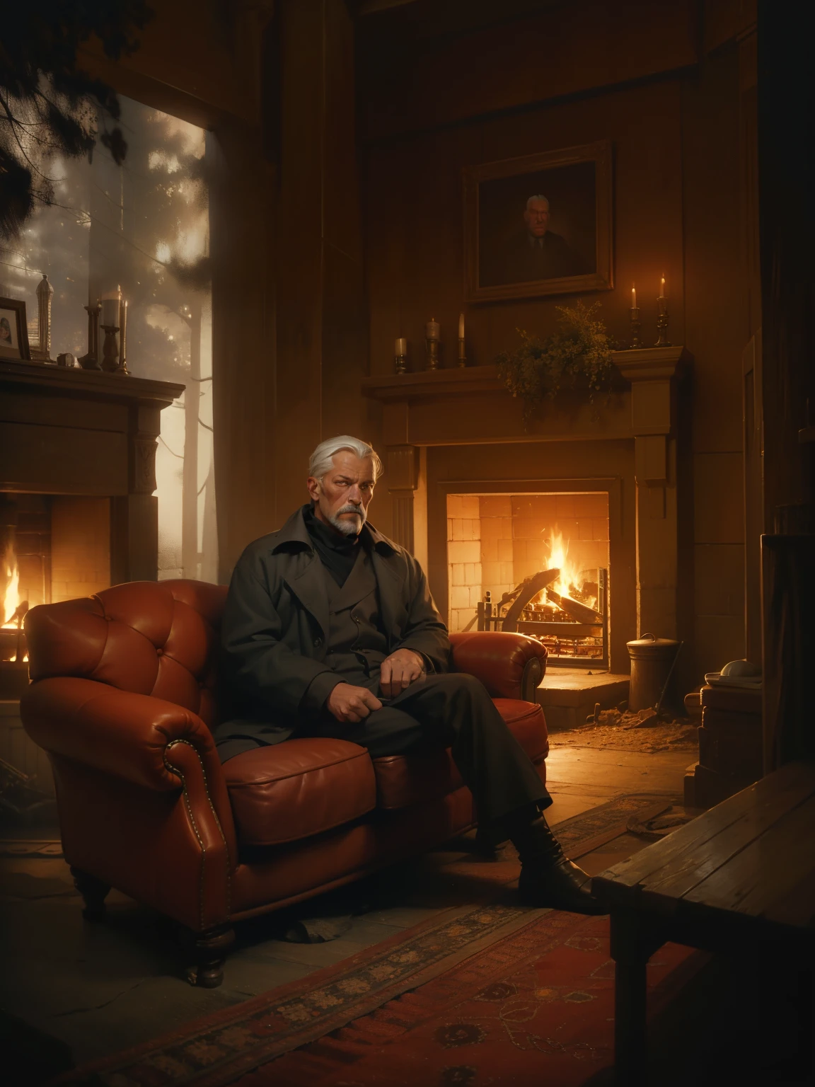 a tall, man with gray hair and dull eyes, sad expression ,sitting on the sofa, big sofa by the fireplace, reddish sofa, warm fire, crackling fire, dark lighting, melancholic atmosphere, detailed, photorealistic, dramatic lighting, cinematic, masterpiece, American flat perspective, house background, warm color tone background,