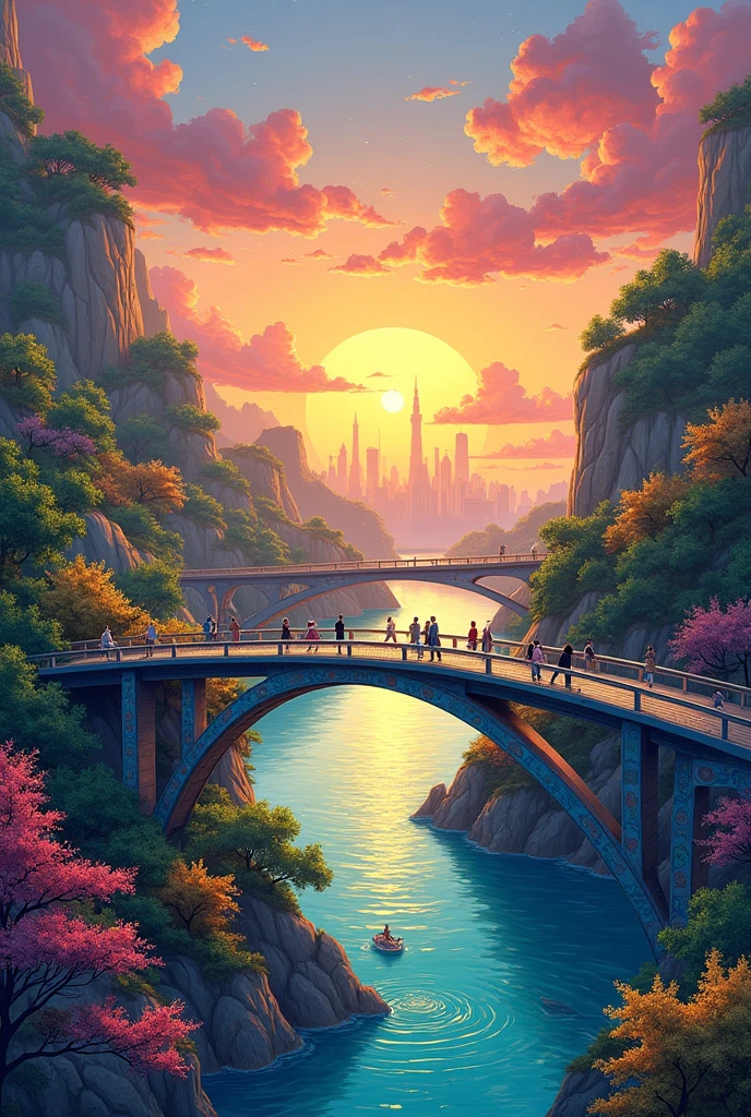 Make a drawing focused on a bridge with diverse themes but where polycentric curves are used.