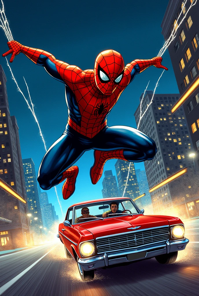 Follow up on the images from the previous prompt In a vibrant Spider-Man comic, We can visualize an exciting scene of the hero in action. He's hanging by his webs among the skyscrapers of a bustling city. His red and blue suit stands out against the night sky, while his athletic and determined posture demonstrates his confidence and abilities. Spider-Man is in the middle of stopping a group of thugs trying to escape in a speeding car. Com sua agilidade sobre-humana, he swings from one building to the next, casting webs to dodge shots and achieve incredible speed. Seus sentidos aranha afiados ajudam a antecipar os movimentos dos criminosos. Spider-Man displays a perfect balance of strength, Agility and strategic intelligence, while deftly launching himself to intercept the vehicle. The scene overflows with action, Tension and emotion, captivating readers and leaving them eager to find out how the hero will solve this challenging situation. Make the scene in comics style 60s.