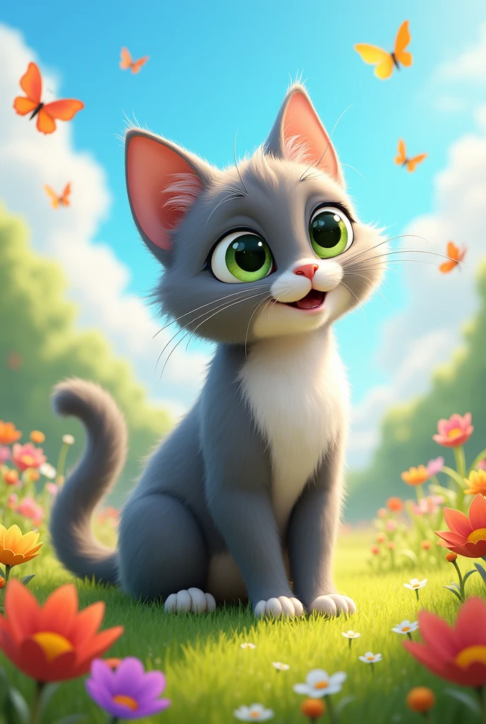 Generate me an image of a gray animated cat with a white chest and light green eyes


