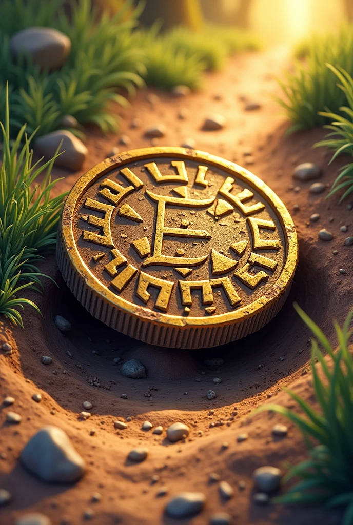An ancient coin on a dirt road and it has many secrets both valuable and dangerous with strange inscriptions Cartoon drawing to decorate evidence folder 