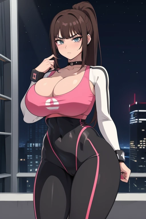 20 year old woman, busty, bubble butt, hourglass figure, skinny, blushing, panicked expression, horny, seductive, brown hair, long hair, bangs, ponytail hair, wearing wearing white sports bra, black yoga pants, choker, sneakers, tight fitting clothing, cleavage, middrift, anime, city at night, outside, punk, punk style, punk hair, doujin style, manga, flat colours, 2d manga, mecha, mecha bodysuit, futuristic tech