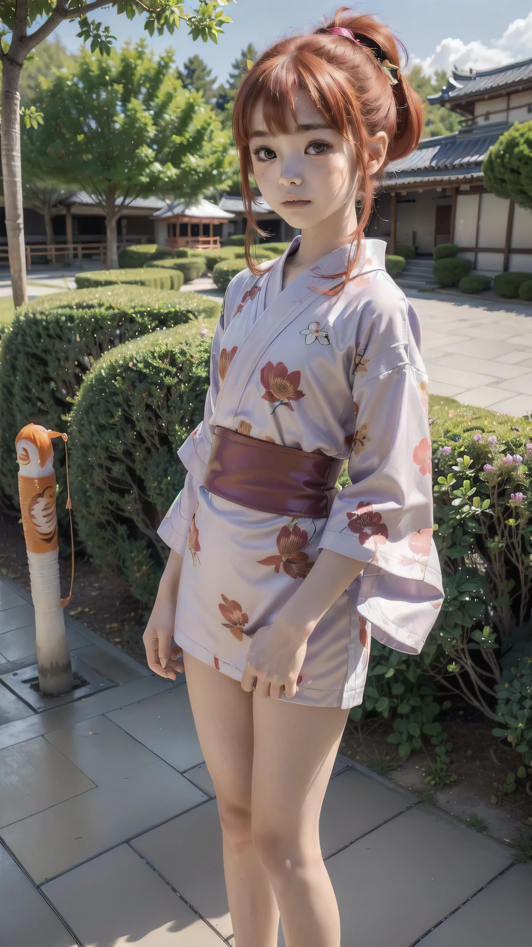 ((top quality, ultra-detailed, high resolution, extremely detailed CG, unity 8k wallpaper, by famous artist, perfect anatomy, super detailed skin, cinematic lighting, UHD, retina, anatomically correct, 1080P)), (Please draw a single one happy girl wakking in the japanese suburbs:1.3), ((1girl)), (Solo, face,13-year-old:2.0), a junior high school student, ((cute petit girl, chibi, babyface)) androgynous charm, (Medium hair, ((full red hair)) ((redhead)), pigtails, straight bangs, with a bow in her hair, ((very thin legs)), ((skinny legs, thin body, small build)), Full limbs, complete fingers, ((perfect fingers and hands)), flat chest, small breasts, childish body, small butt, groin, Beautiful detailed full yellow gold eyes, perfect eyes, (Detailed Lighting), ((japanese suburbs background)), (Detailed scenary background), full body view, ((standing)), legs. Cute, kawaii single girl (one girl), full body shot, front body, ((left hand up, right hand down)), ((little young 13 years old body:1.3)), ((Yukata in soft lavender with a koi fish design, worn with a vibrant obi and a matching hand fan))), ((A natural, correctly proportioned hands)), ((Straight bangs cut just to the eyebrows, perfectly aligned and not moving to the side:1.3))
