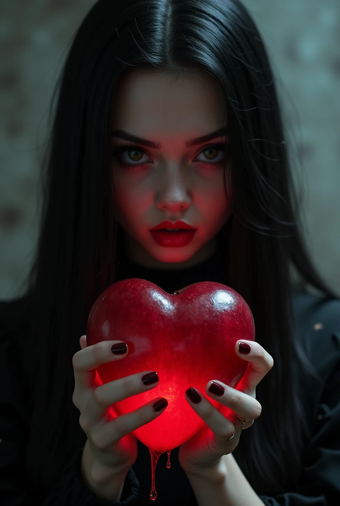 ((RAW Photo), absurd, (absurdresolution)), masterpiece, best quality, (Extremely detailed 8k unity CG wallpaper), (best illustration), (best shadow), Realistic lighting, beautiful detailed glow, ((21 years old)), girl, long black hair, black queen, accessories, real heart with blood in hand, poisoned apples, witch queen, red lipstick, (((Photographic Perspective of her)))