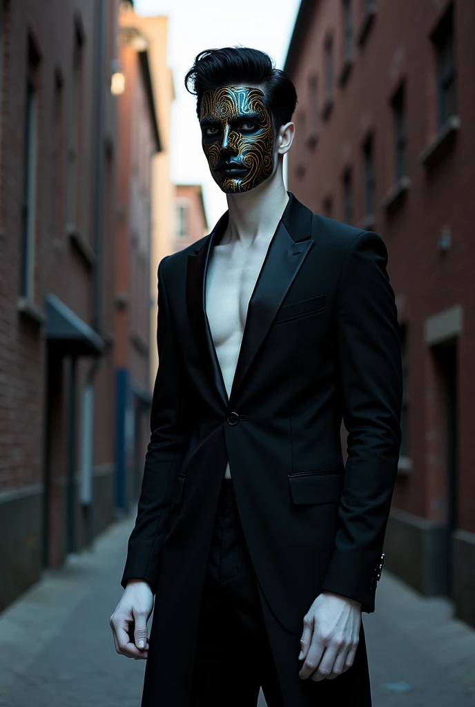 Tall man with black hair, tom de pele branca, Wear a mask