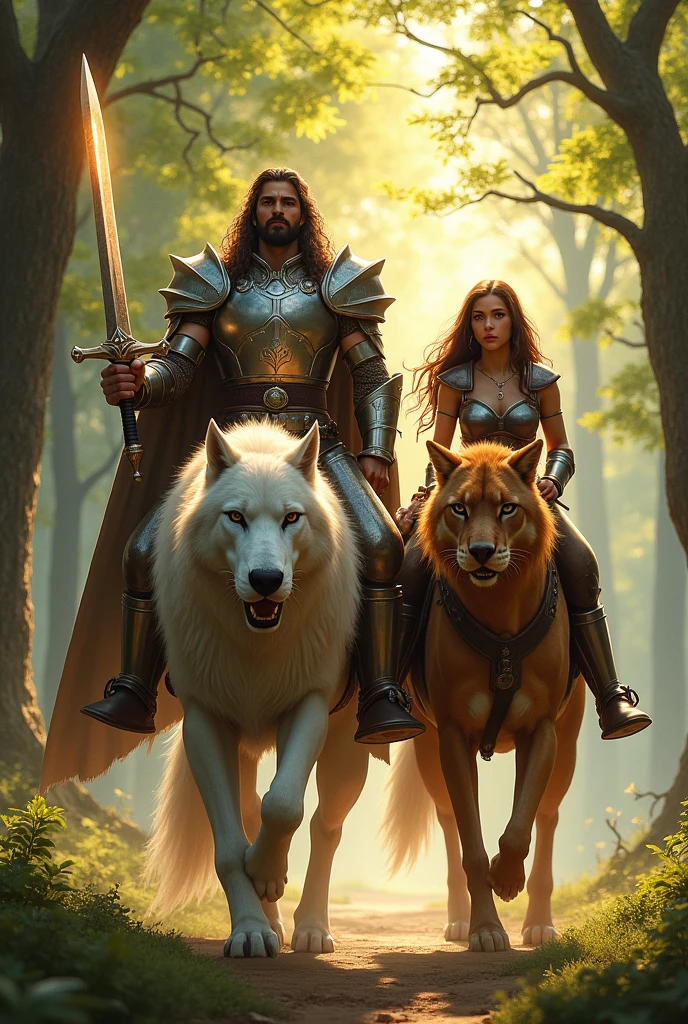 A brown-skinned paladin, with a luminous sword and whose mount is a wolf the size of a horse. Next to you, your squire, a woman with long hair, half orc and has a panther as a mount