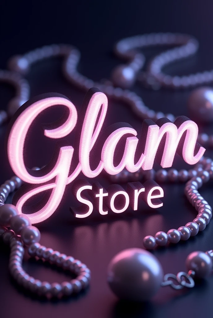 Wallpaper that says GlamStore in letters with very fine 4d tips, elegant style with pearls and pearl necklaces, the same but darker, the store was missing and less shine, just like that but with soft violet colors like lights and that says GlamStore, modern and technological, modern