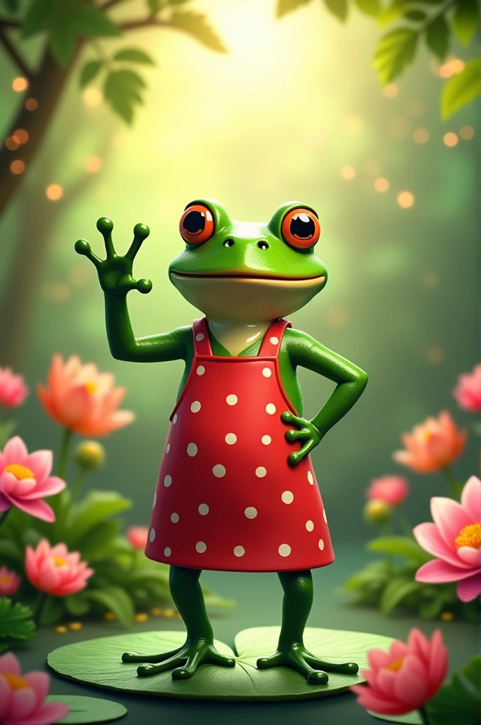 frog with apron putting the number 2 with his right hand
