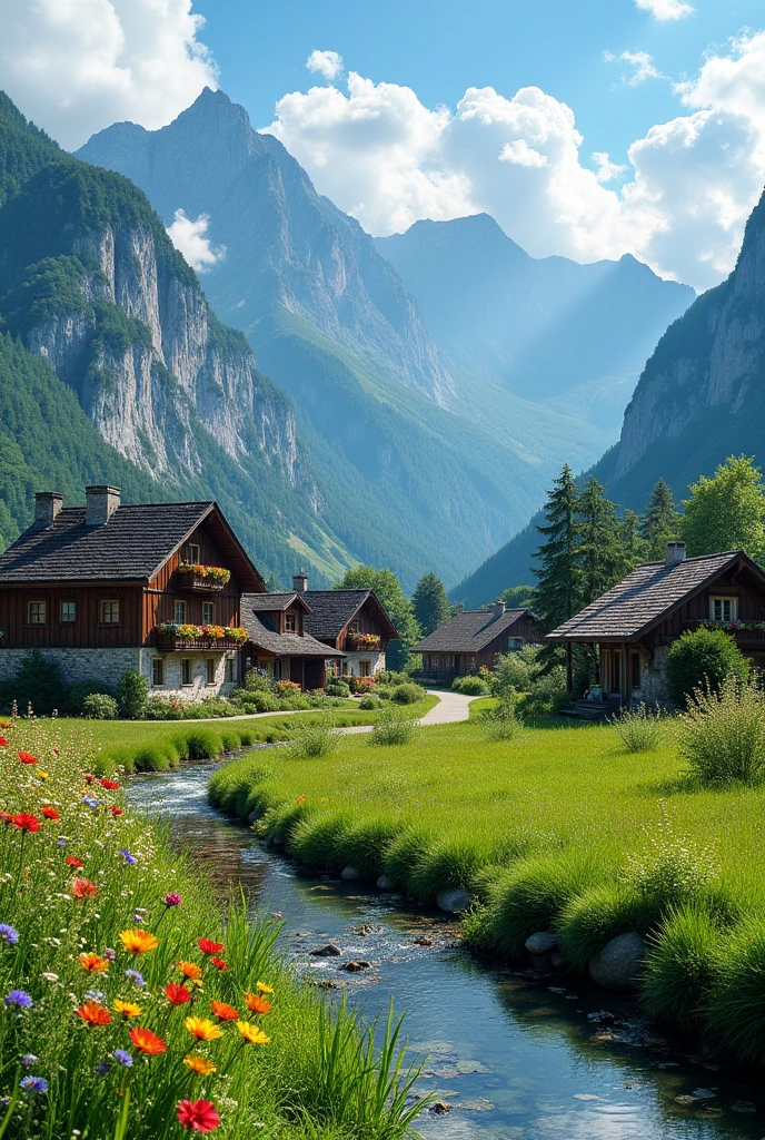 creates an image of a hamlet surrounded by mountains without walls
