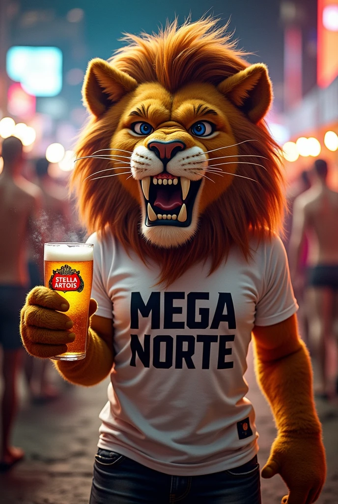 Create mascot of a strong lion with an evil face, white t-shirt with the words MEGA NORTE written on it and holding a STELLA ARTOIS beer