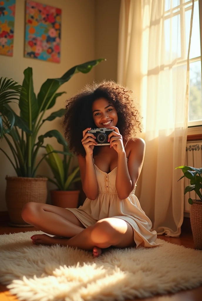 A brunette girl with curly hair and big breasts sits with her legs stretched out, taking a realistic photo