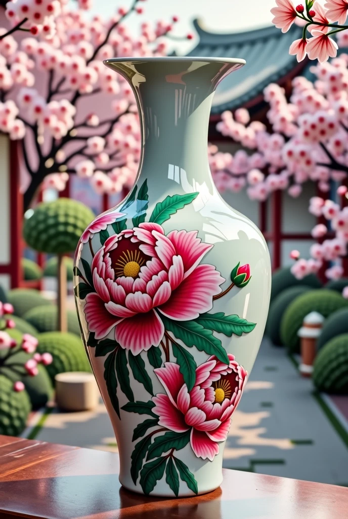 Create a Chinese style vase decorated with peony flowers with touches of opal and dark pink, all very real 
