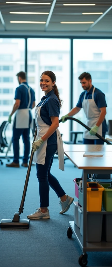 A diligent cleaning staff composed of two men and one woman, all clad in matching navy blue uniforms with crisp white aprons, actively engaged in their duties within a spacious office setting. The woman, with a vibrant smile, operates a sleek, ergonomic vacuum cleaner, meticulously maneuvering around modern office furniture to eliminate dust bunnies from the plush carpet. To her left, one of the men wipes down a floor-to-ceiling glass window with a squeegee, casting a streak-free shine that allows the natural light to flood the room, revealing the bustling cityscape outside. The second man, with a focus that speaks of his dedication, is in the process of sanitizing a large conference table with a disinfectant spray and microfiber cloth, ensuring that every nook and cranny is spotless. In the background, office chairs are neatly pushed in, and desks are clear of clutter, a testament to their thoroughness. The cleaning supplies are arranged in a tidy cart, which includes a bin for recyclables and another for trash, emphasizing their commitment to an organized and eco-friendly work environment. The three staff members appear to be in harmony, working together as a well-oiled machine, each contributing to the transformation of the office from a day's worth of productivity into a pristine space ready for the next day's challenges. The room is filled with the faint scent of lemon-infused cleaning products and the soft hum of their tools, creating an atmosphere of order and efficiency. The scene is one of industrious teamwork and the unspoken pride they take in maintaining a clean and welcoming professional environment.