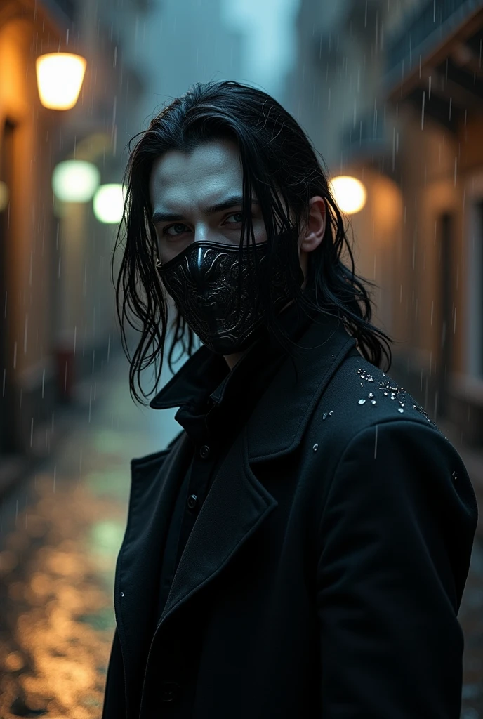 Tall man with ear-length black hair, tom de pele branca, Wear a mask 