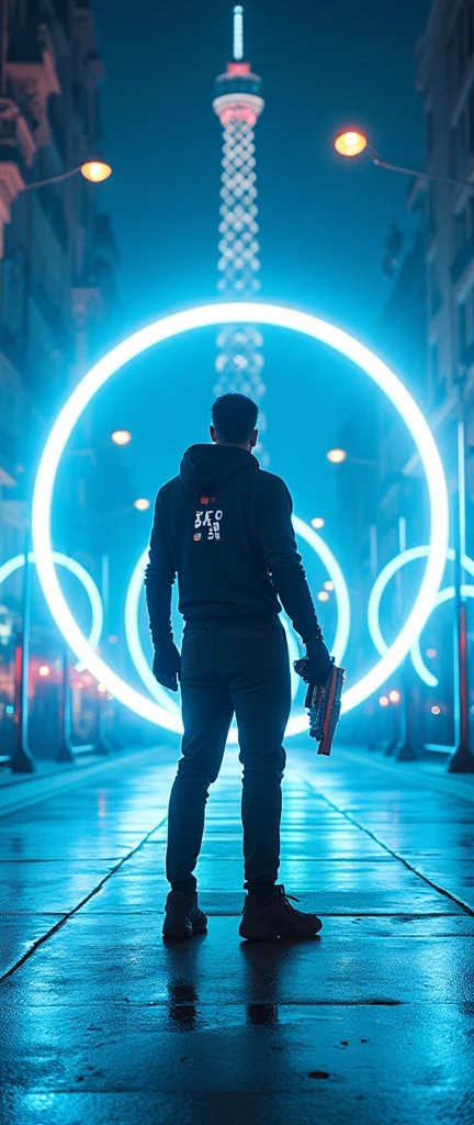 Shooting with a laser gun aiming at a circle, paris olympic games background, in large cold colored hoops