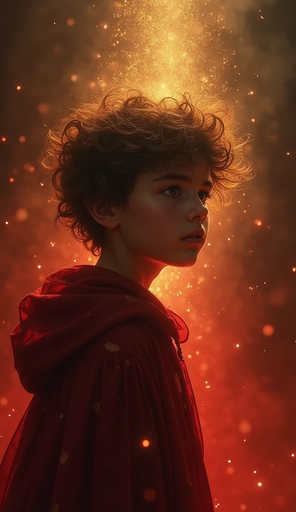 (Masterpiece artwork) (The young boy quality) In a dark room filled with a strange reddish mist and golden sparks, a beautiful and alluring being of demonic appearance and great magical powers emerges.... Your hair is being lifted by a mysterious wind.