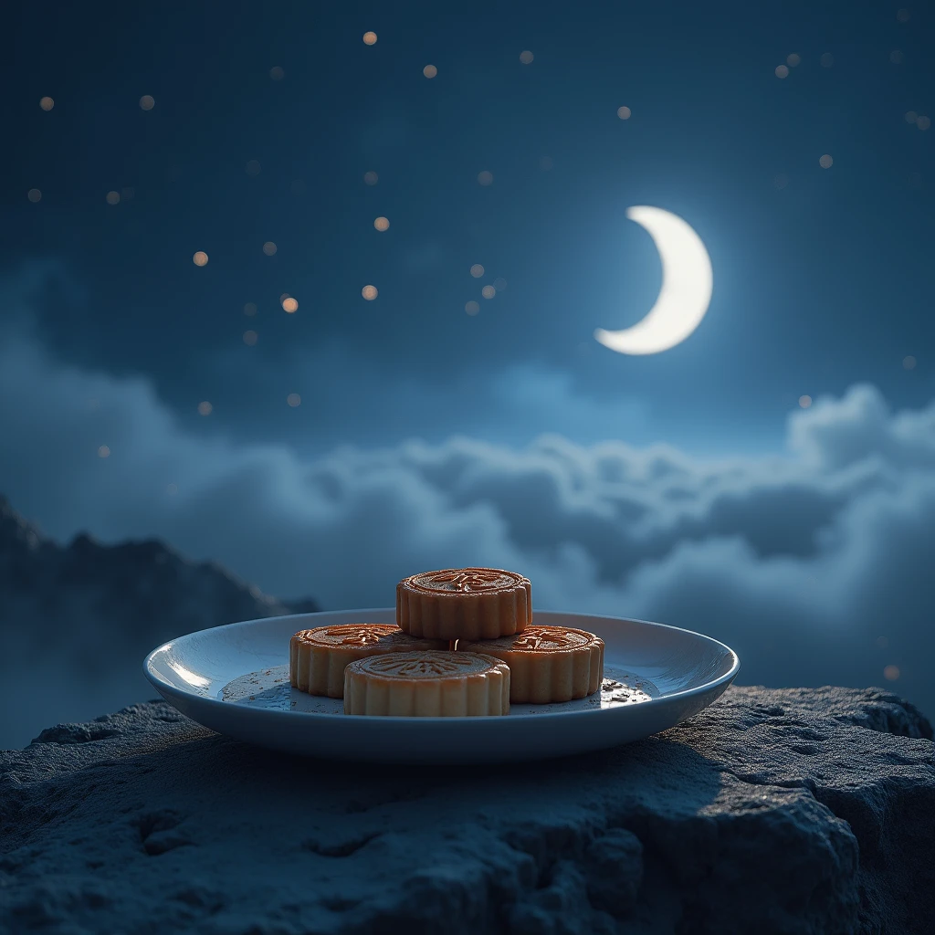 earth，SkyFall meteorites，crater，A plate oF mooncakes on a round paper tube, Letter shaped moon, Starry night, Thick Fog on earth, Blue light on the horizon, Unreal Engine 5, cinematic light, low angle photo, motion blur, Depth oF Field,, Ultra-detailed, BeautiFul, crazy detail, intricate details, Photo Editing, Shooting with a 50mm lens, Depth oF Field, Tilt Blur, Shutter speed 1/1000, F/22. Lightmaps, Super Bright