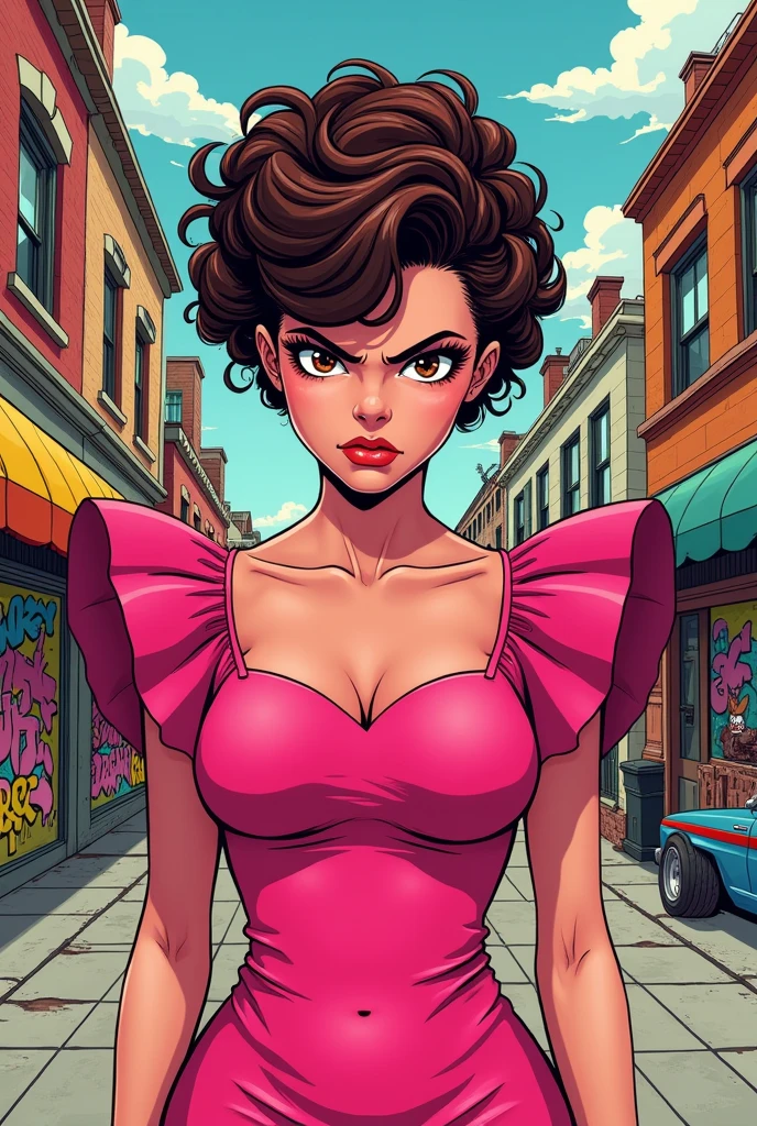 Can you draw a picture of a young girl?, Woman, white, pink skin tone, 20 year, eyes browns, chestnut hair, curly, pixie cut, dark tone, wearing a hot pink 80s style dress, Angry, in the style of young Monica's Gang drawing