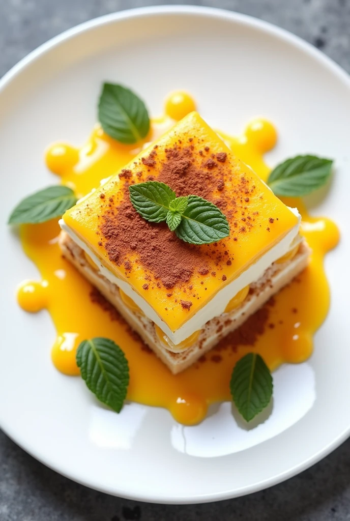 Mango tiramisu dessert , straight top view, whole plate top view. Do not crop the plate  0 degree top view 
