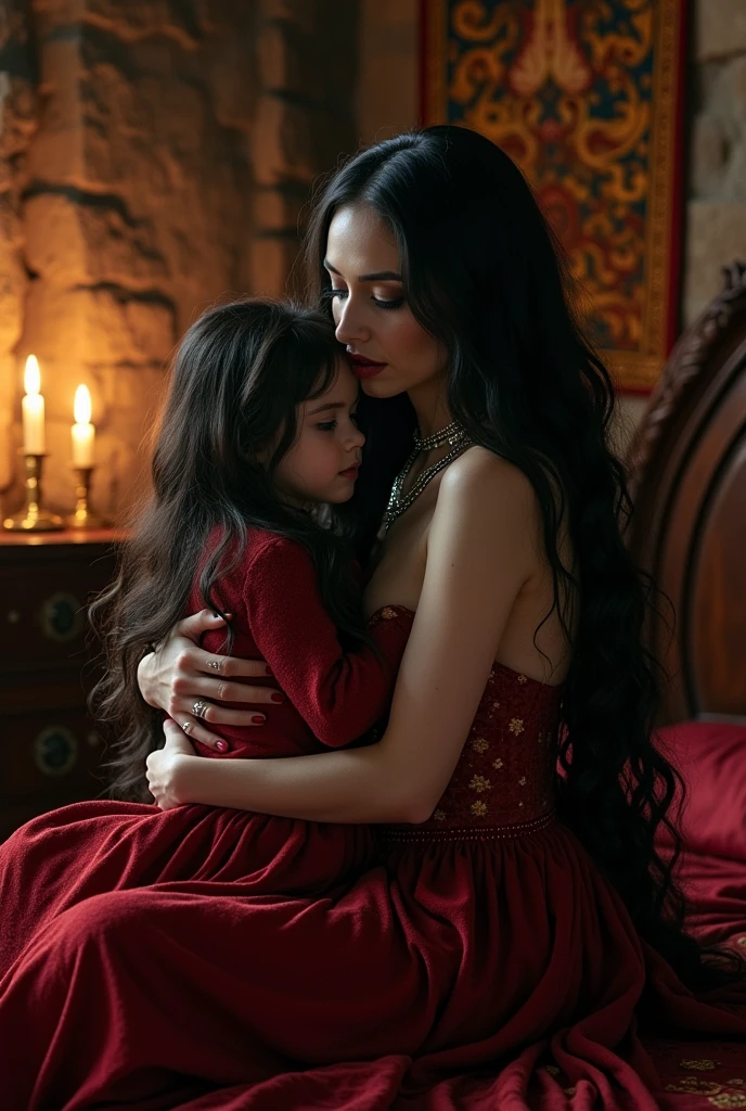 Beautiful vampire mother with long black hair sitting in the middle of a medieval bed, in a medieval room hugging a  with long black hair