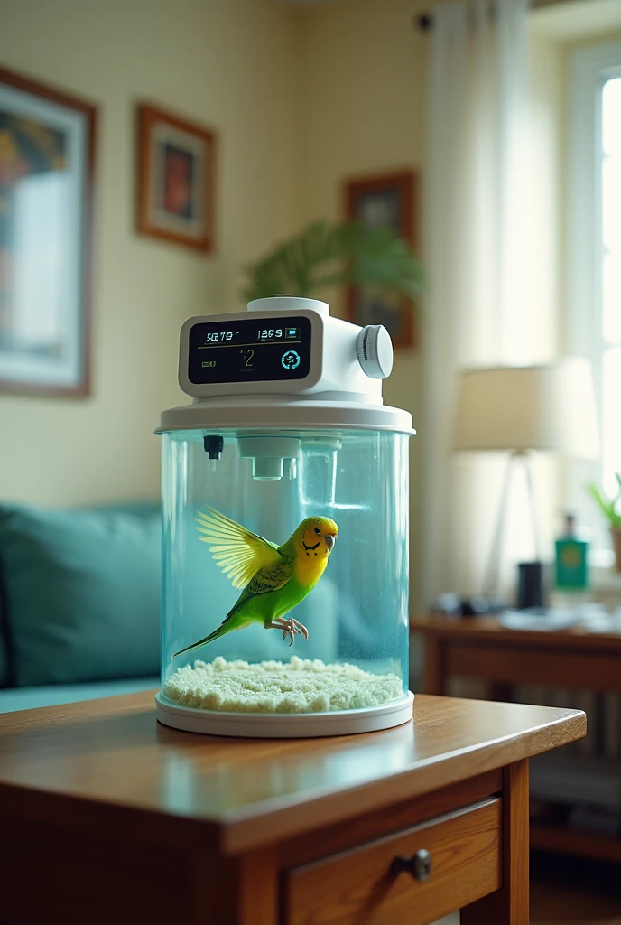 There is a bird inside a plastic and glass chamber where it receives a complete scan of its vital signs and medical status and states that are determined by a veterinarian but using the camera, temperature states, Blood pressure and heart rate will be displayed on the back side of the camera and other medical results will be transferred to a monitoring application., The camera is located in a house and is a cheap camera and its owner can observe the process