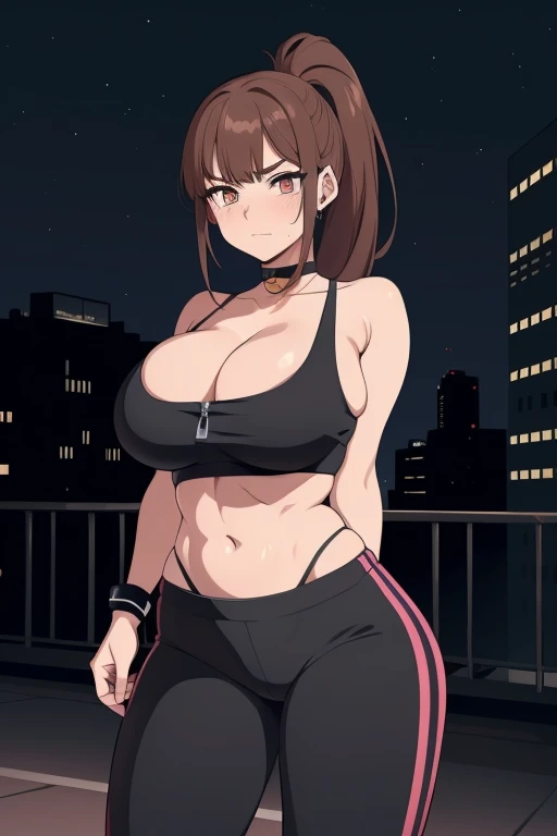 20 year old woman, busty, bubble butt, hourglass figure, skinny, blushing, panicked expression, horny, seductive, brown hair, long hair, bangs, ponytail hair, wearing wearing white sports bra, black yoga pants, choker, sneakers, tight fitting clothing, cleavage, middrift, anime, city at night, outside, punk, punk style, punk hair, doujin style, manga, flat colours, 2d manga, mecha, futuristic tech, straps, zips, buckles