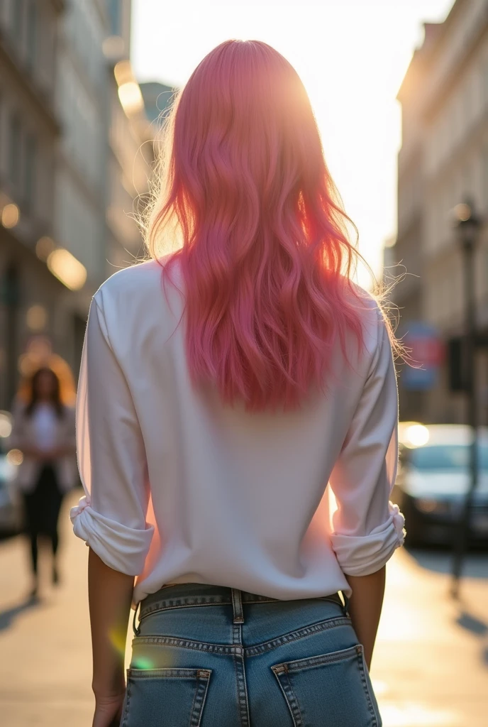 Realistic photo, full HD, high resolution, back photo, blonde woman, pink hair, with denim pants, white shirt, horsepower hairsty .