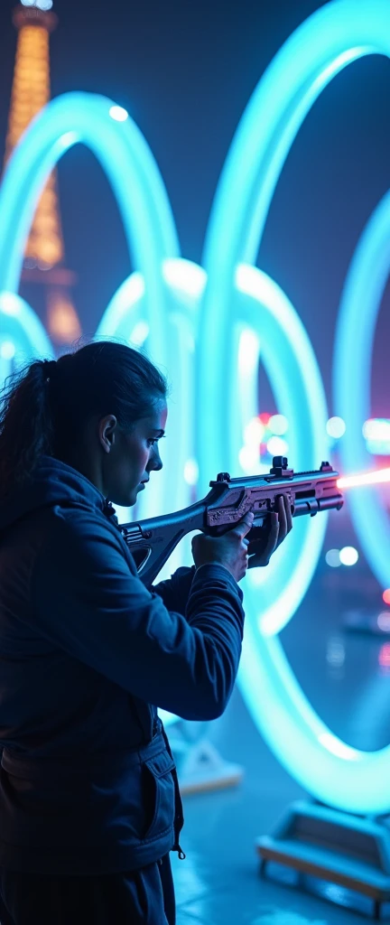Shooting with a laser gun aiming at a circle, paris olympic games background, in large cold colored hoops